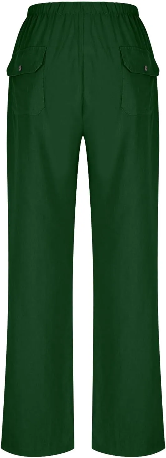 Plus Size Cotton Linen Pants Women Dressy Casual Elastic High Waisted Slacks Summer Trousers with Pockets