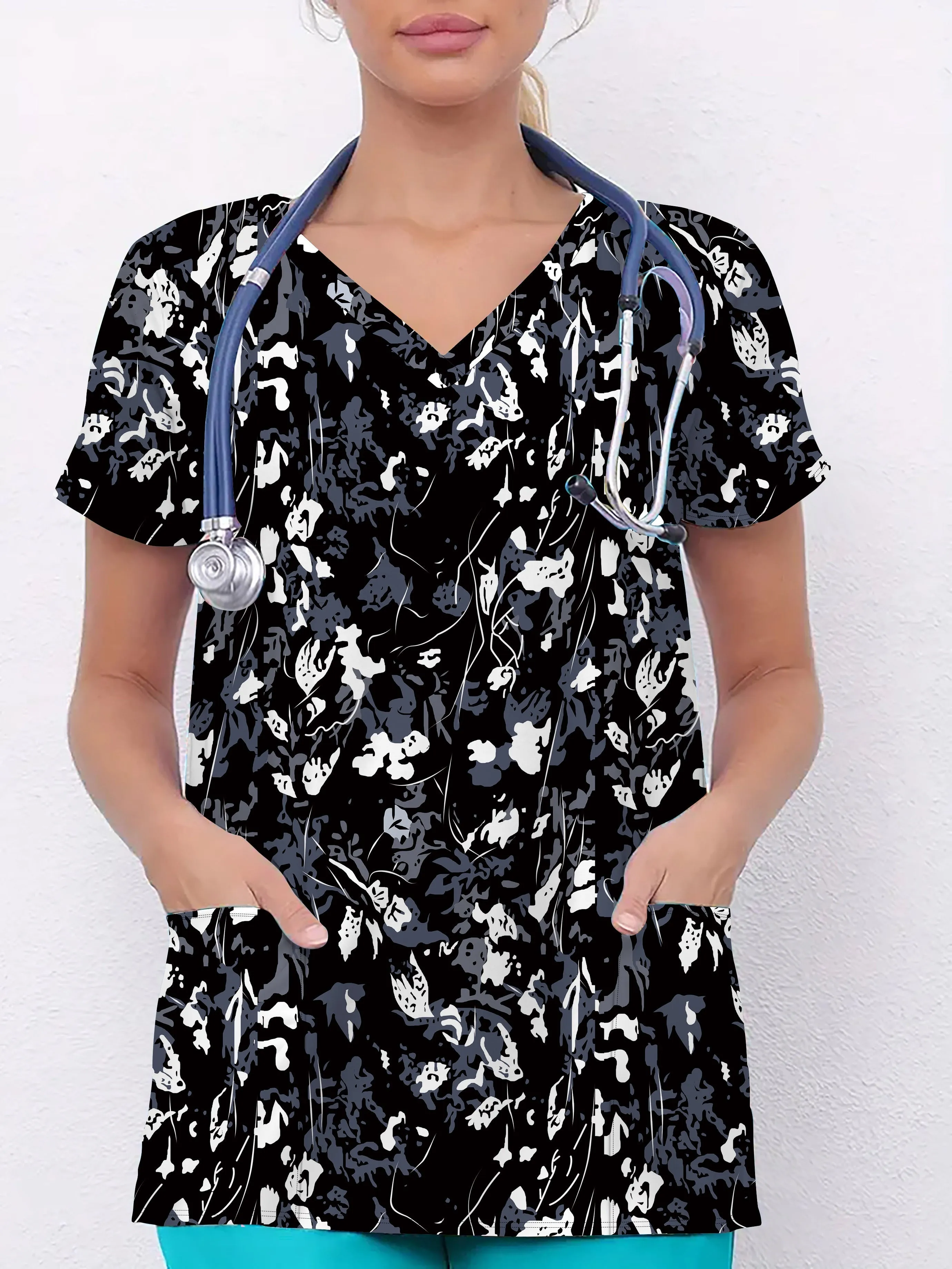Plus Size Womens V Neck Short Sleeve Casual Shirting Top with Pockets - Soft Medium Stretch Polyester Fabric, Random Floral Print, Ideal for Nurses and Healthcare Professionals - Perfect for All Seasons