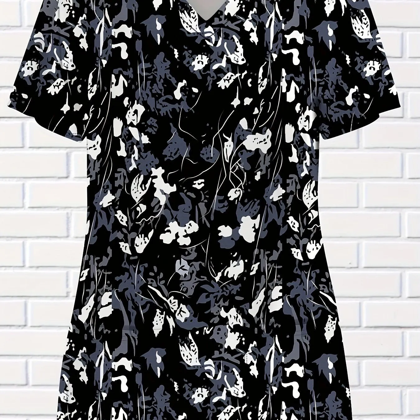 Plus Size Womens V Neck Short Sleeve Casual Shirting Top with Pockets - Soft Medium Stretch Polyester Fabric, Random Floral Print, Ideal for Nurses and Healthcare Professionals - Perfect for All Seasons
