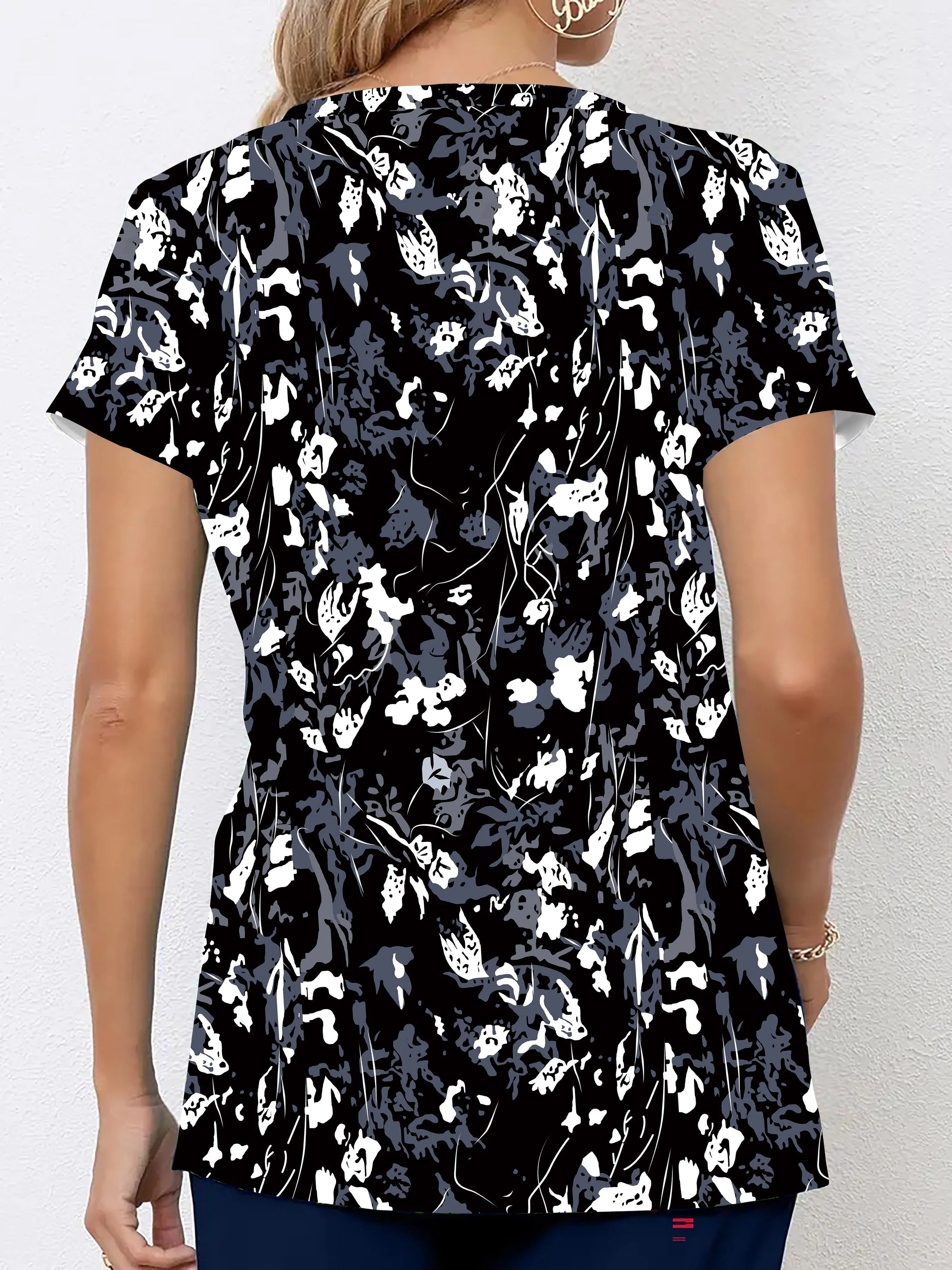 Plus Size Womens V Neck Short Sleeve Casual Shirting Top with Pockets - Soft Medium Stretch Polyester Fabric, Random Floral Print, Ideal for Nurses and Healthcare Professionals - Perfect for All Seasons
