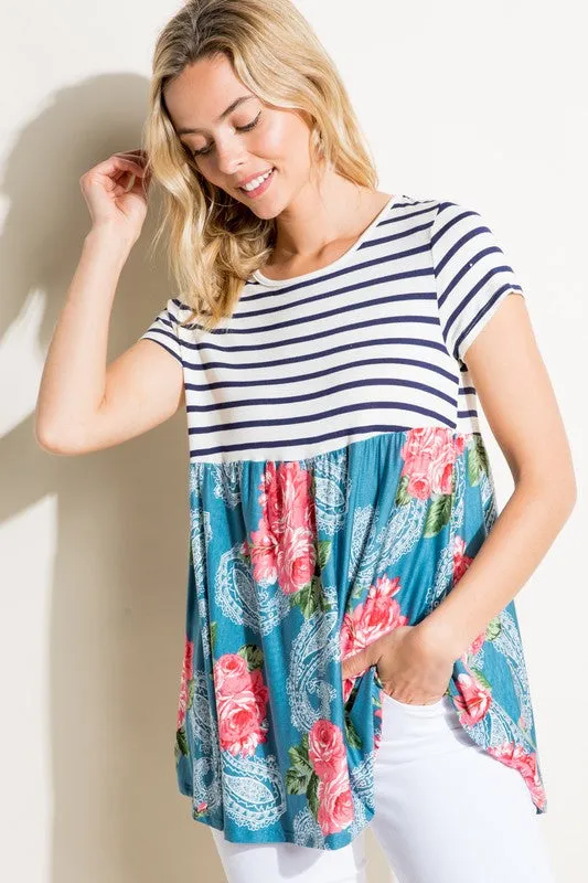 Plus Stripe Paisley Floral Babydoll Top