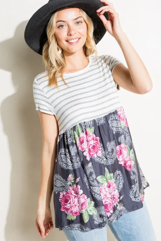 Plus Stripe Paisley Floral Babydoll Top