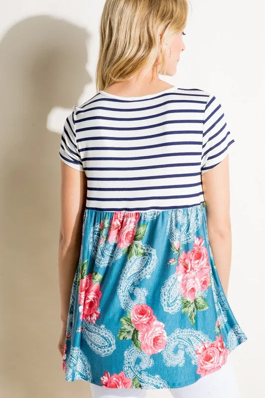 Plus Stripe Paisley Floral Babydoll Top