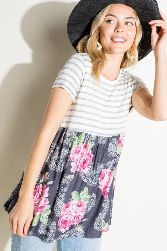 Plus Stripe Paisley Floral Babydoll Top