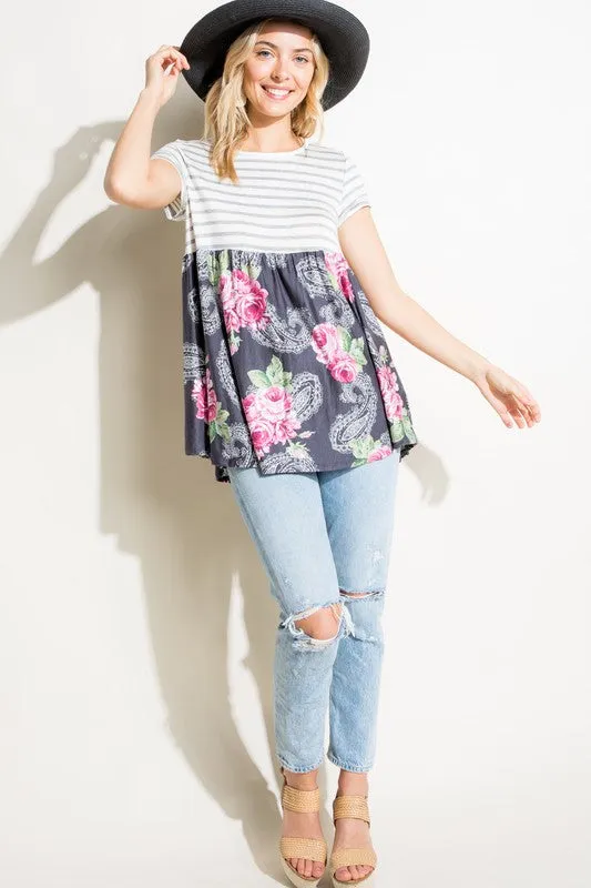 Plus Stripe Paisley Floral Babydoll Top