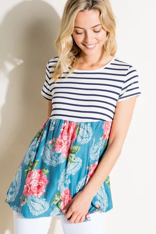 Plus Stripe Paisley Floral Babydoll Top