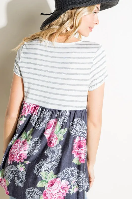 Plus Stripe Paisley Floral Babydoll Top