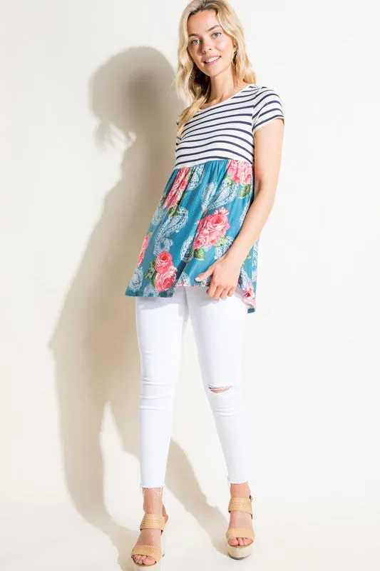 Plus Stripe Paisley Floral Babydoll Top