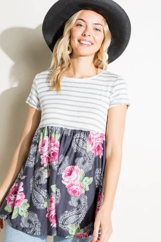 Plus Stripe Paisley Floral Babydoll Top