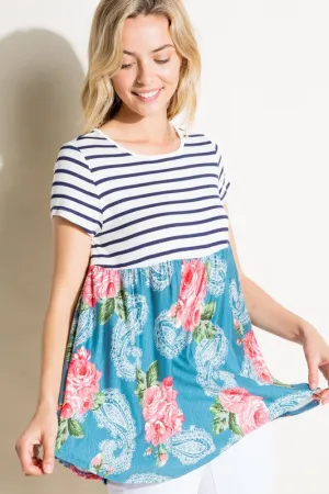 Plus Stripe Paisley Floral Babydoll Top