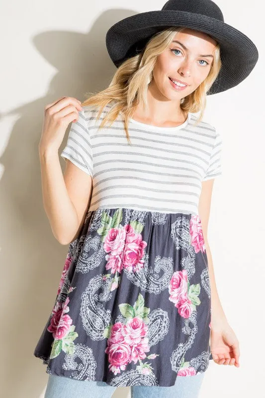 Plus Stripe Paisley Floral Babydoll Top