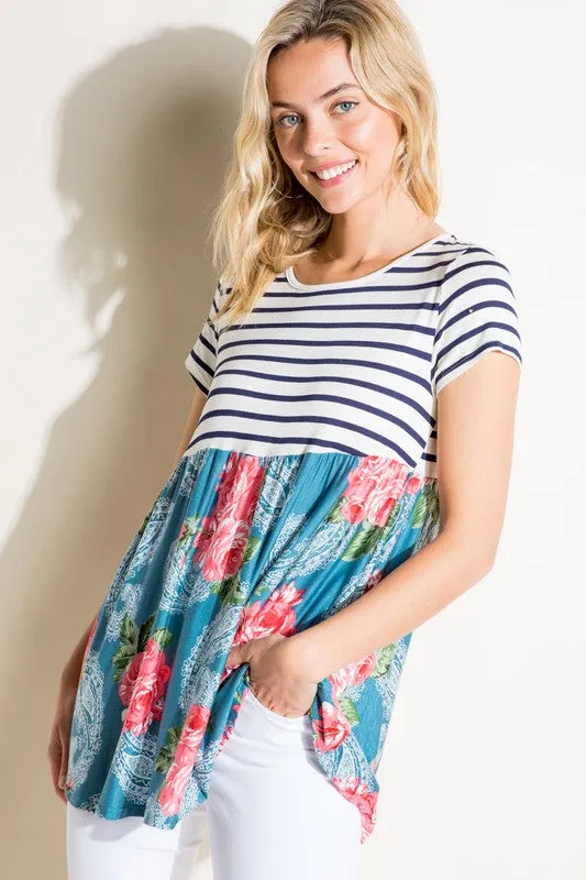 Plus Stripe Paisley Floral Babydoll Top