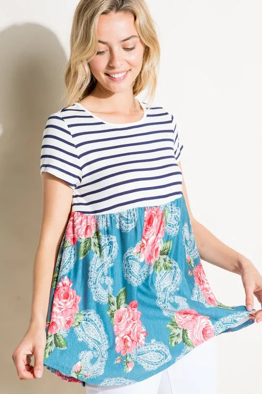 Plus Stripe Paisley Floral Babydoll Top