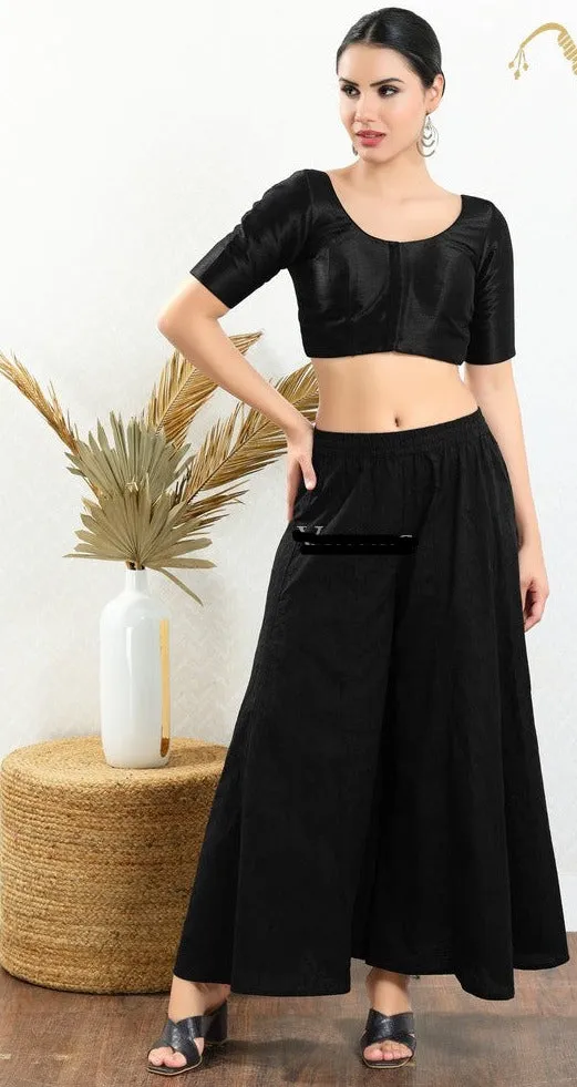 Readymade Mulbury Silk Padded Front Open Elbow Sleeves Black Saree Blouse