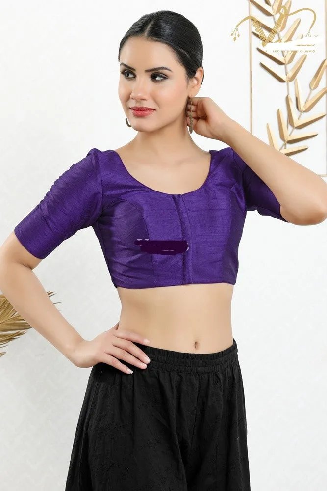 Readymade Mulbury Silk Padded Front Open Elbow Sleeves Brinjal Saree Blouse