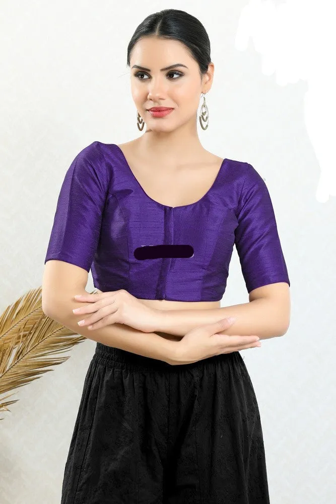 Readymade Mulbury Silk Padded Front Open Elbow Sleeves Brinjal Saree Blouse