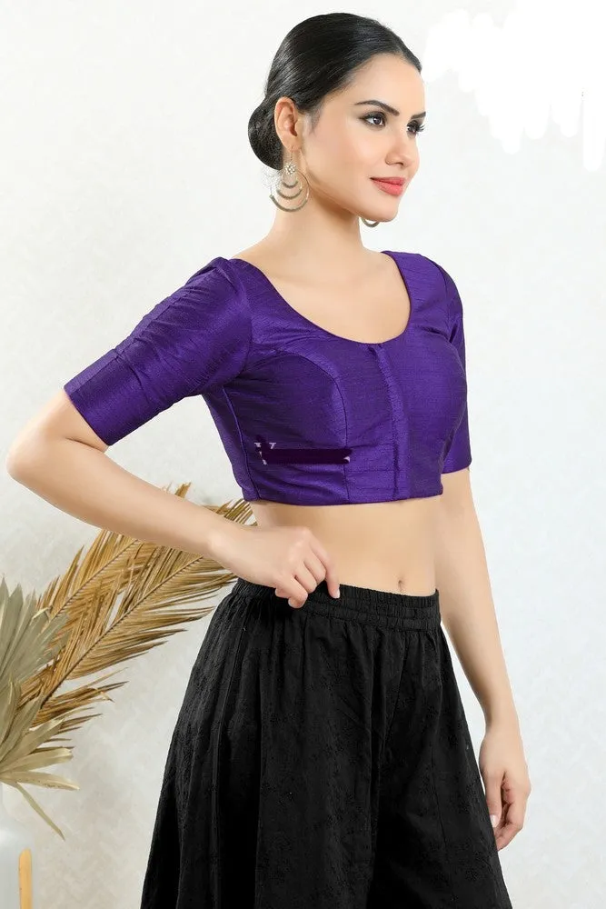 Readymade Mulbury Silk Padded Front Open Elbow Sleeves Brinjal Saree Blouse