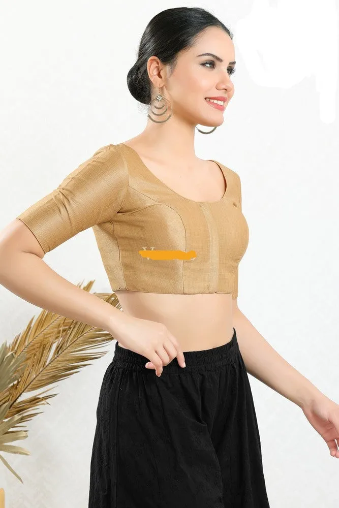 Readymade Mulbury Silk Padded Front Open Elbow Sleeves Gold Saree Blouse
