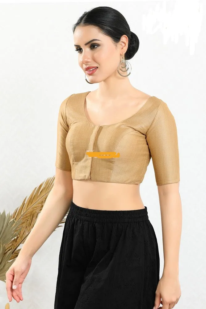 Readymade Mulbury Silk Padded Front Open Elbow Sleeves Gold Saree Blouse