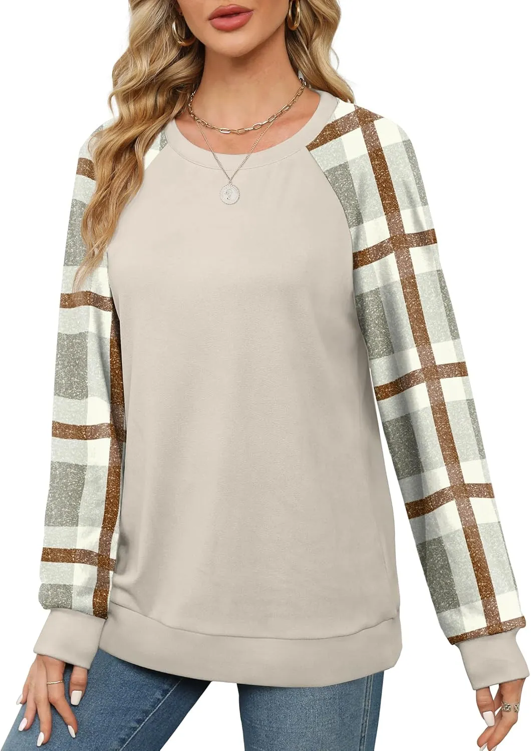 Saloogoe Sweatshirts for Women Crewneck Cable Knit Sleeve Sweaters Lightweight Fashion 2024