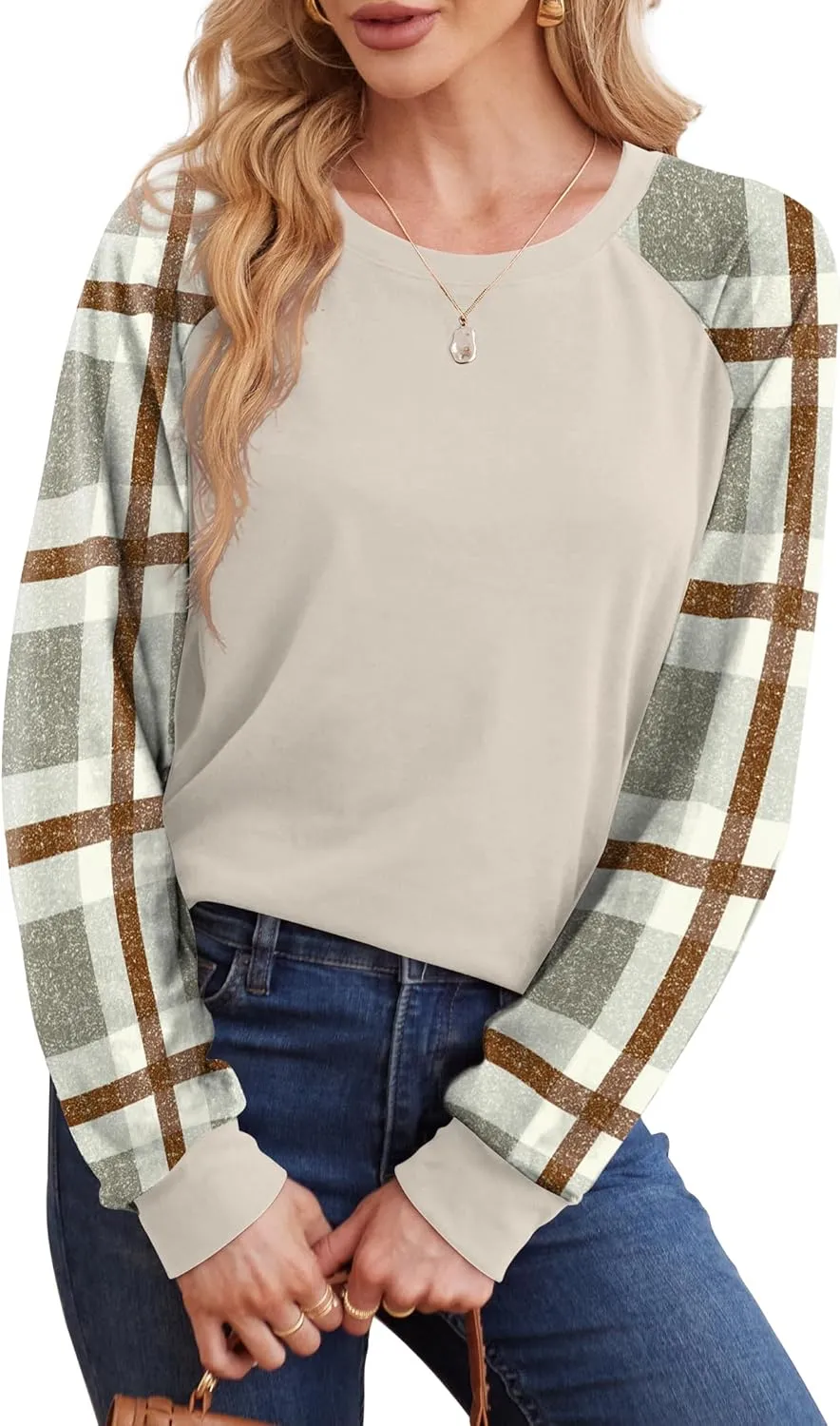 Saloogoe Sweatshirts for Women Crewneck Cable Knit Sleeve Sweaters Lightweight Fashion 2024