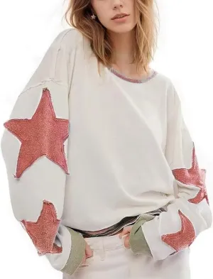 SAROULU Women Y2k Star Oversized Sweatshirt, Long Sleeve Lightweight Crewneck Hoodies