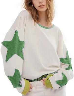 SAROULU Women Y2k Star Oversized Sweatshirt, Long Sleeve Lightweight Crewneck Hoodies