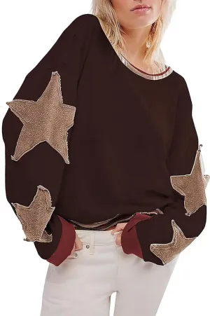 SAROULU Women Y2k Star Oversized Sweatshirt, Long Sleeve Lightweight Crewneck Hoodies