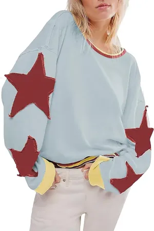 SAROULU Women Y2k Star Oversized Sweatshirt, Long Sleeve Lightweight Crewneck Hoodies