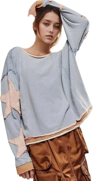 SAROULU Women Y2k Star Oversized Sweatshirt, Long Sleeve Lightweight Crewneck Hoodies