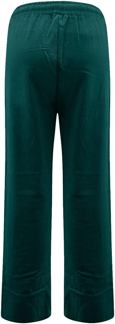 Straight Leg Linen Pants Women Summer Casual Lightweight Elastic High Waisted Wide Leg Pants Lounge Trouser Pants