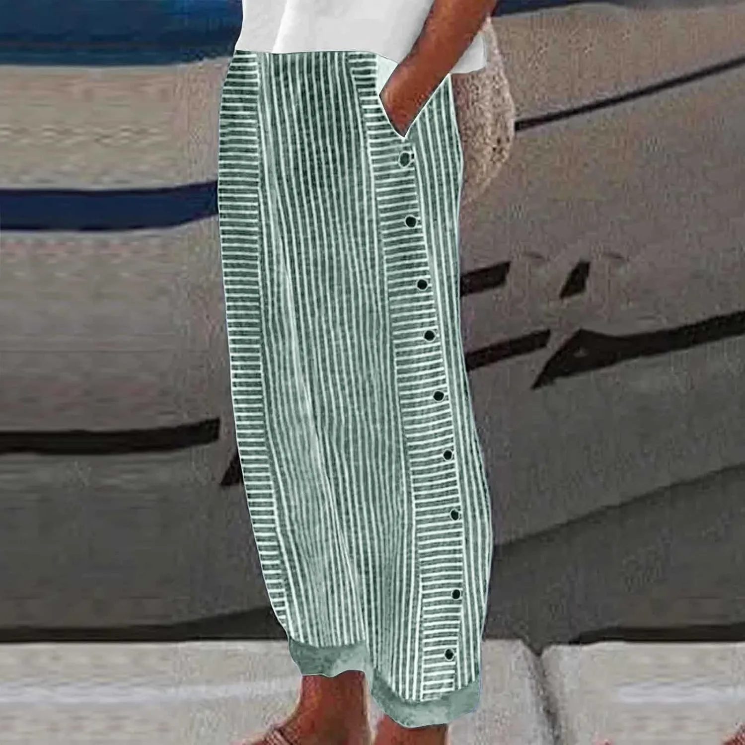 Striped Pants for Women Summer Trendy Side Button Elastic Waist Straight Leg Beach Casual Trousers with Pockets