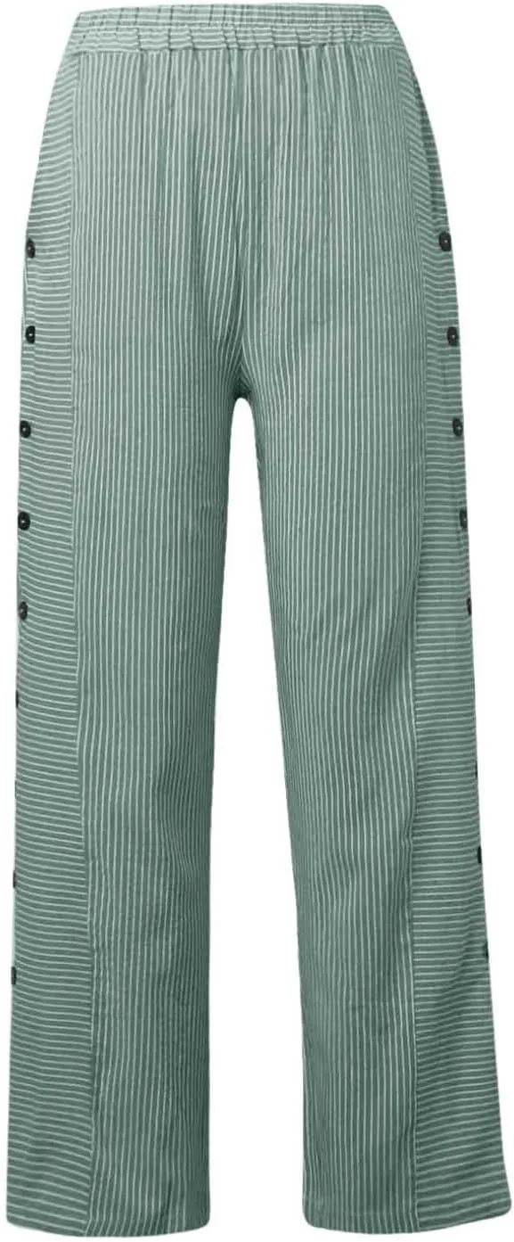 Striped Pants for Women Summer Trendy Side Button Elastic Waist Straight Leg Beach Casual Trousers with Pockets