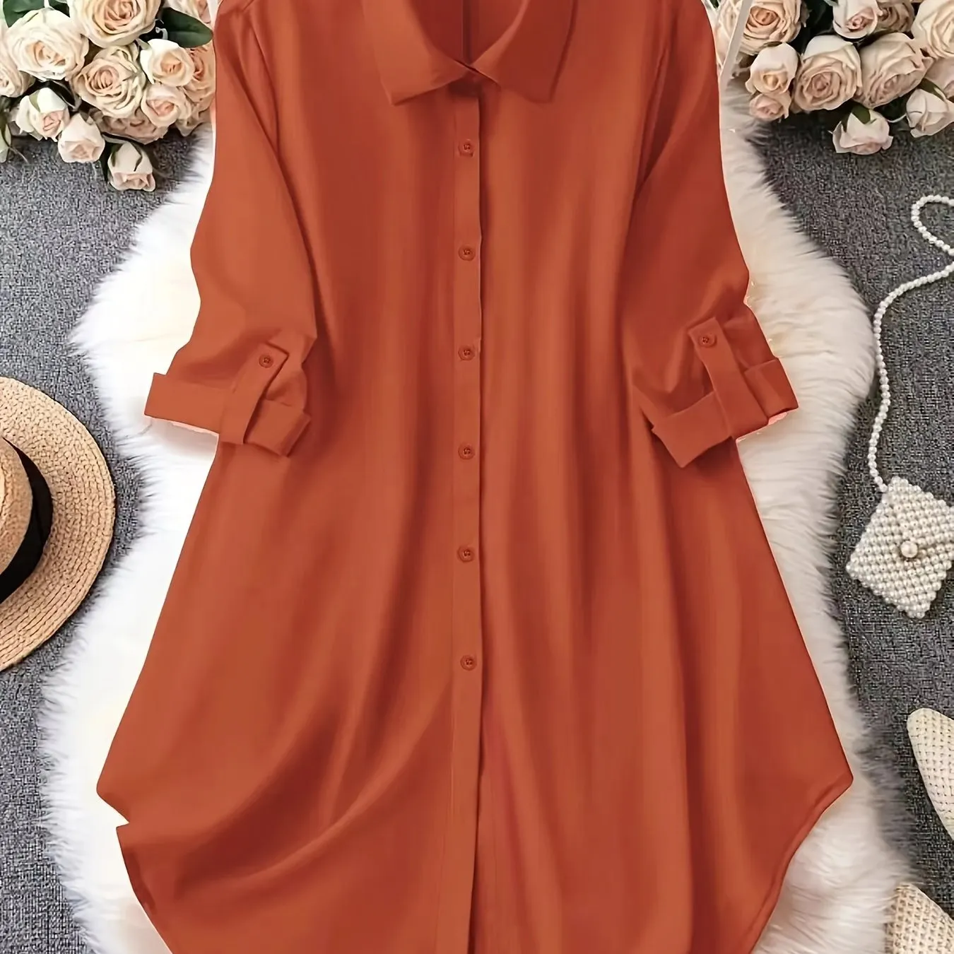 Stylish Plus Size Button Up Blouse with Roll Up Sleeves