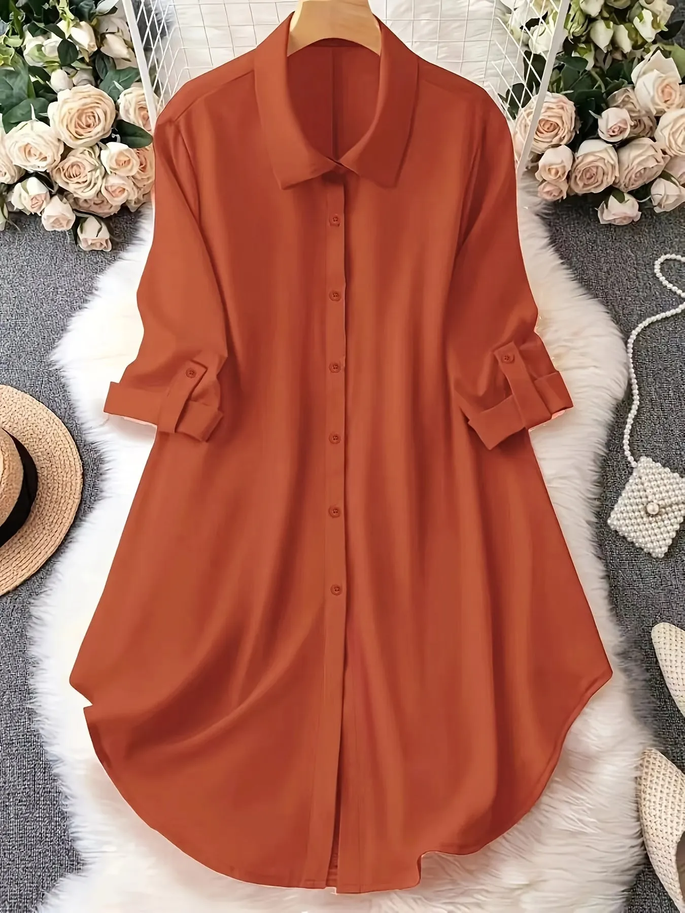 Stylish Plus Size Button Up Blouse with Roll Up Sleeves