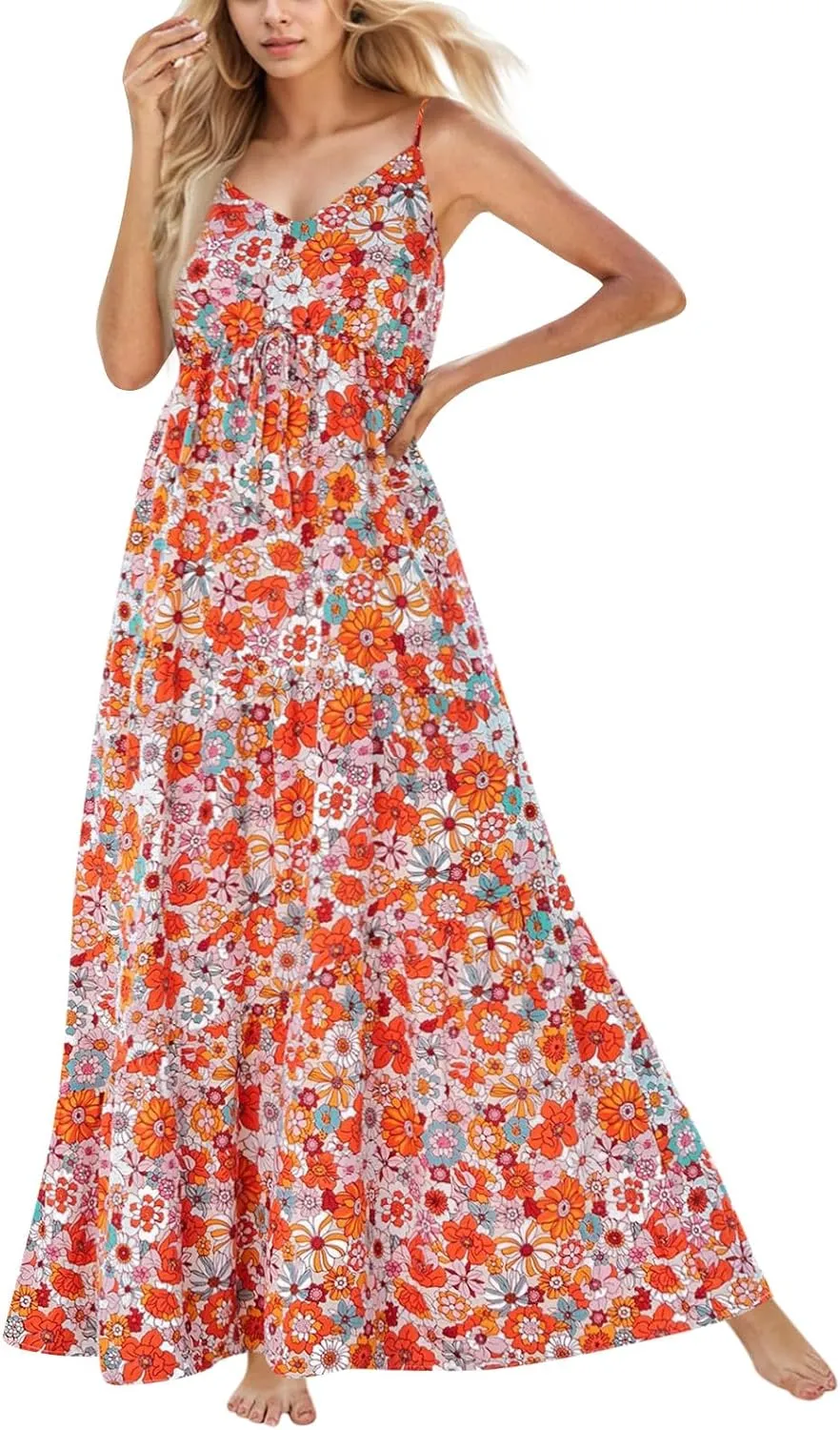Summer Boho Dress for Women Baggy Spaghetti Strap Casual Tiered Maxi Dress Cute V Neck Drawstring Swing Floral Dresses