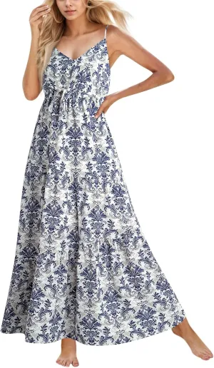 Summer Boho Dress for Women Baggy Spaghetti Strap Casual Tiered Maxi Dress Cute V Neck Drawstring Swing Floral Dresses