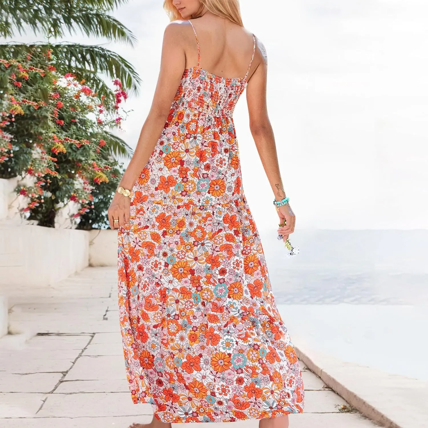 Summer Boho Dress for Women Baggy Spaghetti Strap Casual Tiered Maxi Dress Cute V Neck Drawstring Swing Floral Dresses