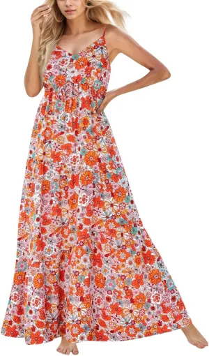 Summer Boho Dress for Women Baggy Spaghetti Strap Casual Tiered Maxi Dress Cute V Neck Drawstring Swing Floral Dresses