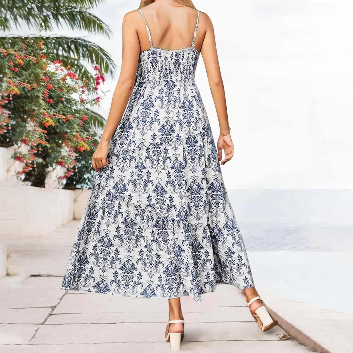 Summer Boho Dress for Women Baggy Spaghetti Strap Casual Tiered Maxi Dress Cute V Neck Drawstring Swing Floral Dresses