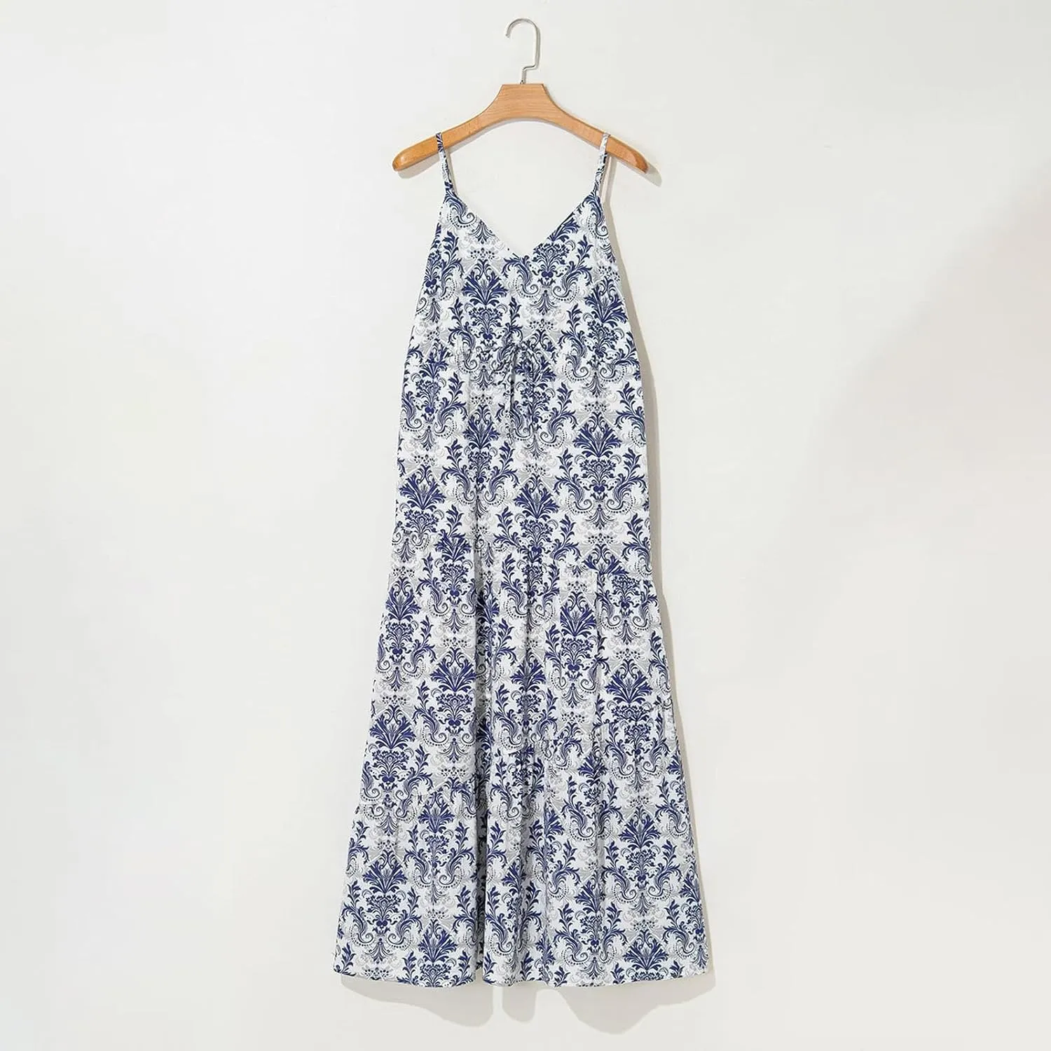 Summer Boho Dress for Women Baggy Spaghetti Strap Casual Tiered Maxi Dress Cute V Neck Drawstring Swing Floral Dresses
