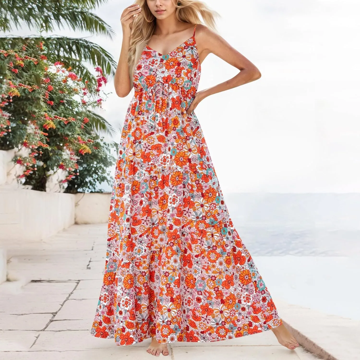 Summer Boho Dress for Women Baggy Spaghetti Strap Casual Tiered Maxi Dress Cute V Neck Drawstring Swing Floral Dresses