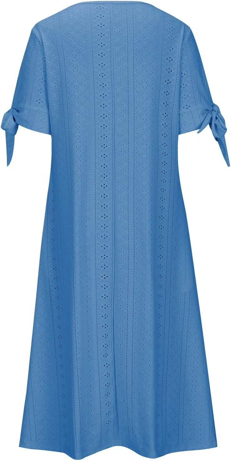 Summer Dresses for Women 2025 Eyelet Tshirt Dress Casual Beach Vacation Sundress V Neck Maxi Dress