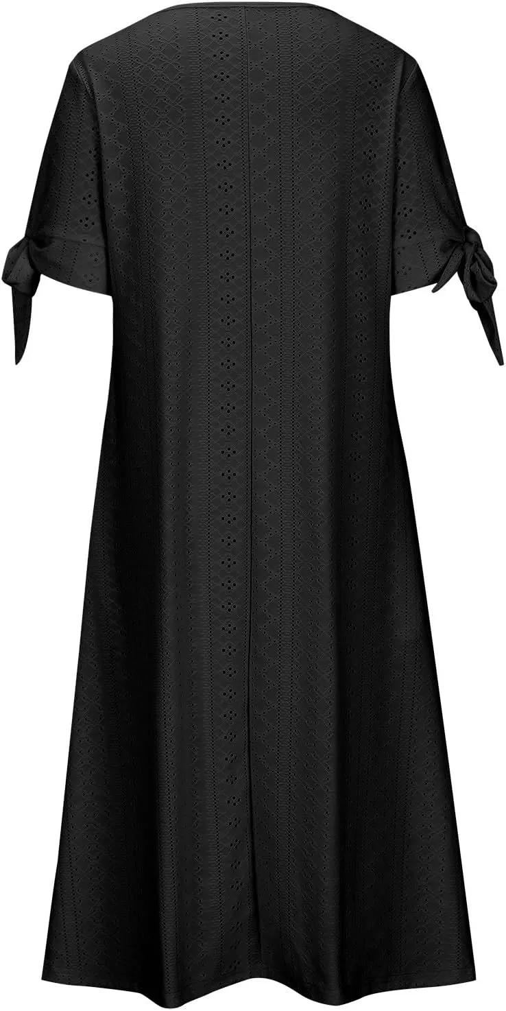 Summer Dresses for Women 2025 Eyelet Tshirt Dress Casual Beach Vacation Sundress V Neck Maxi Dress