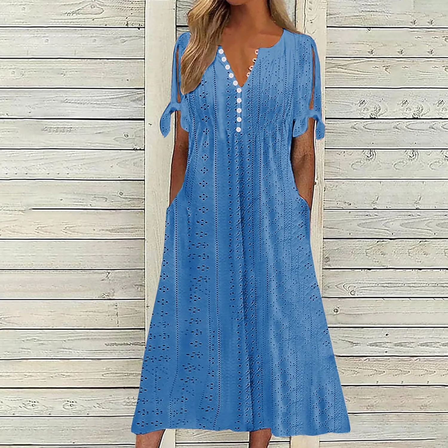 Summer Dresses for Women 2025 Eyelet Tshirt Dress Casual Beach Vacation Sundress V Neck Maxi Dress