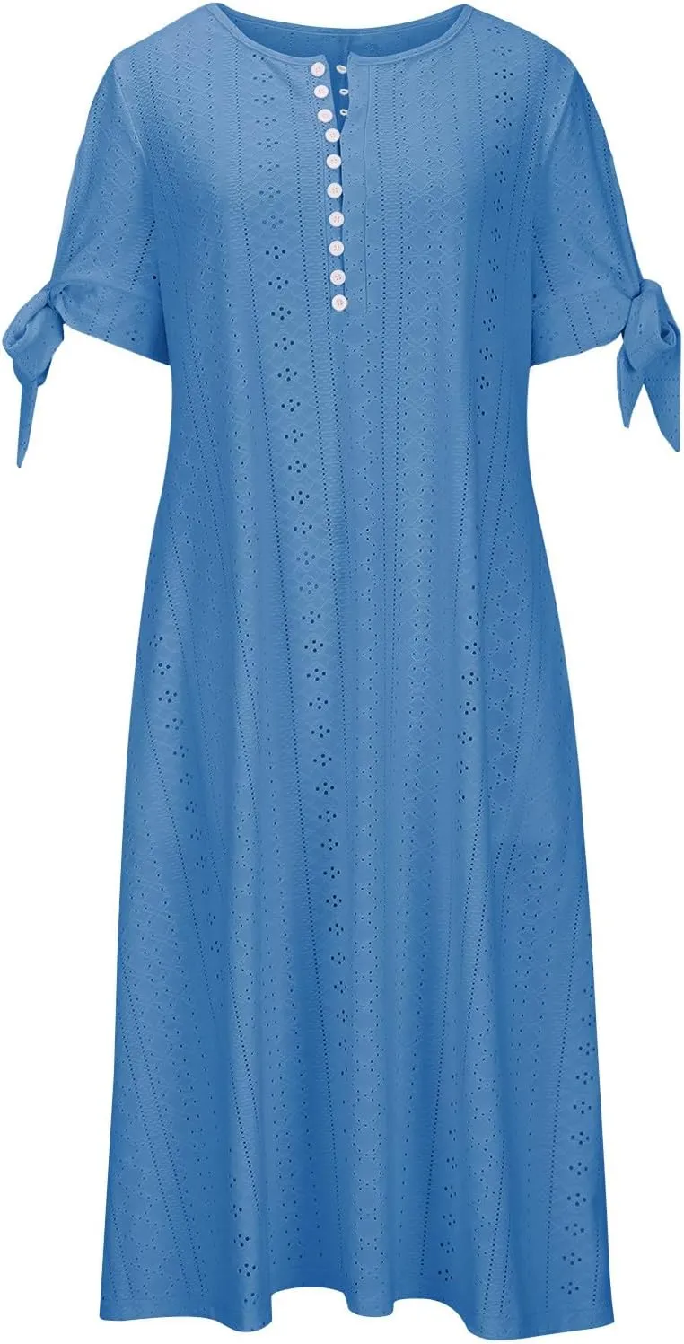Summer Dresses for Women 2025 Eyelet Tshirt Dress Casual Beach Vacation Sundress V Neck Maxi Dress