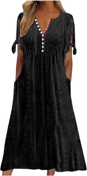 Summer Dresses for Women 2025 Eyelet Tshirt Dress Casual Beach Vacation Sundress V Neck Maxi Dress