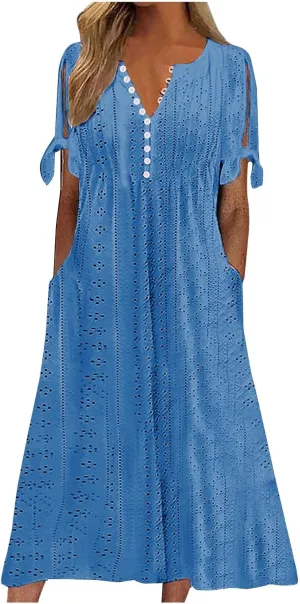 Summer Dresses for Women 2025 Eyelet Tshirt Dress Casual Beach Vacation Sundress V Neck Maxi Dress