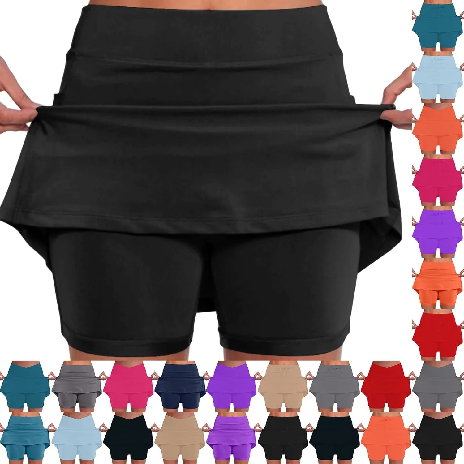 Tennis Skirts for Women Solid Mini Skirt Tummy Control Golf Skirts with Shorts Athletic Skorts Elastic Yoga Culottes