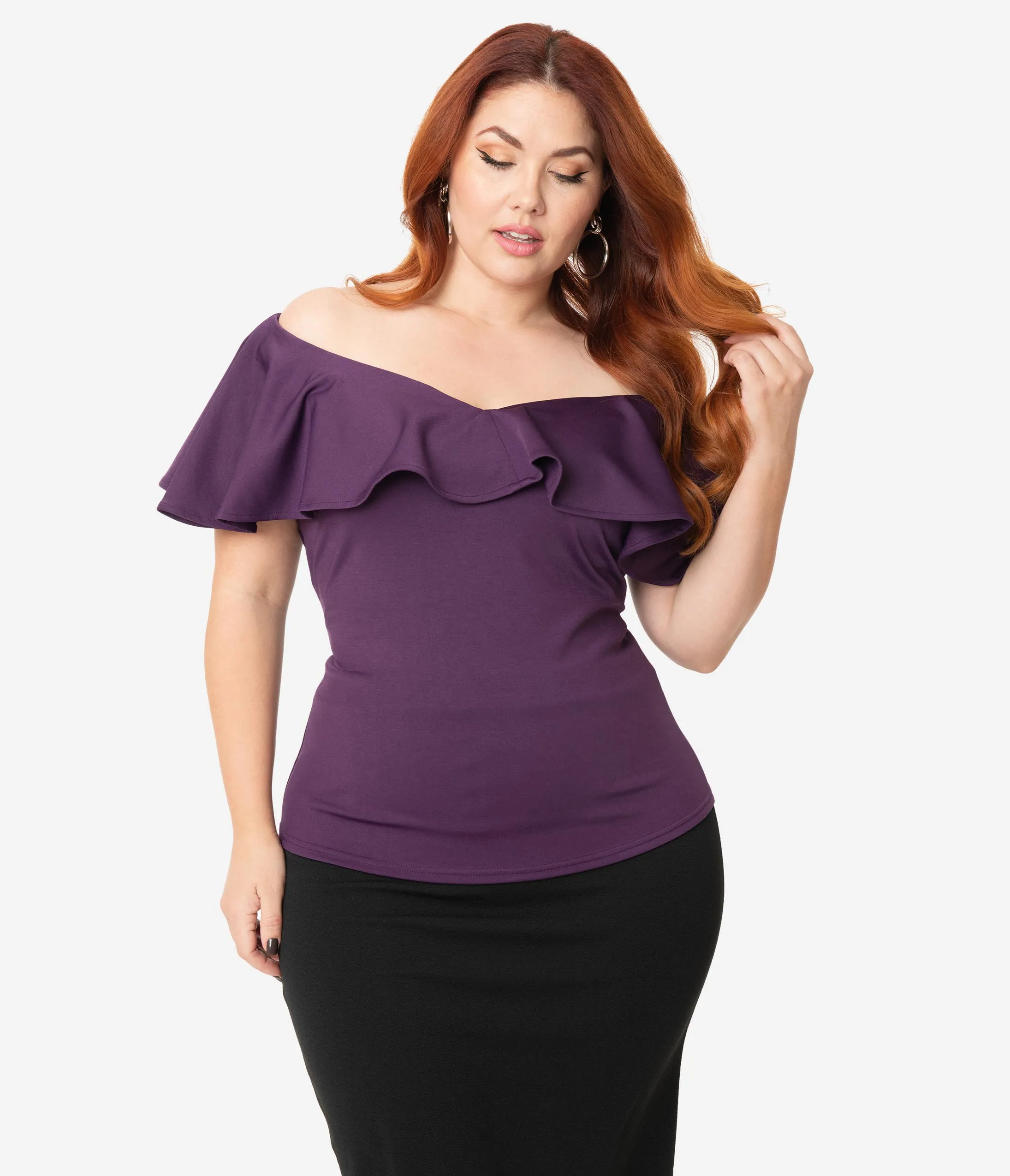 Unique Vintage Plus Size 1950s Purple Off Shoulder Ruffle Frenchie Top